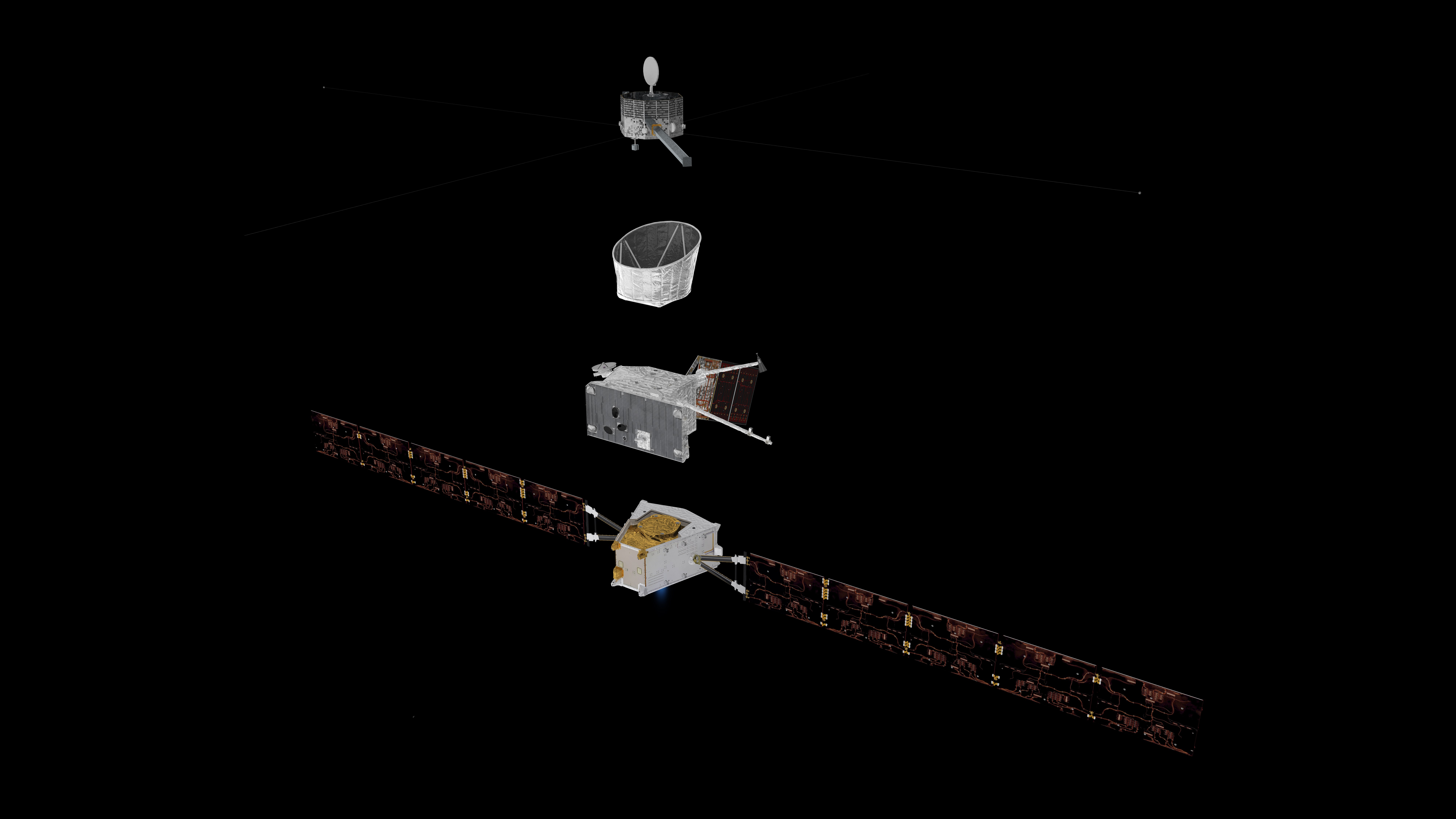 Exploded view of the BepiColombo spacecraft showing its four components: Mio orbiter, MOSIF sunshield, MPO orbiter, and Mercury Transfer Module