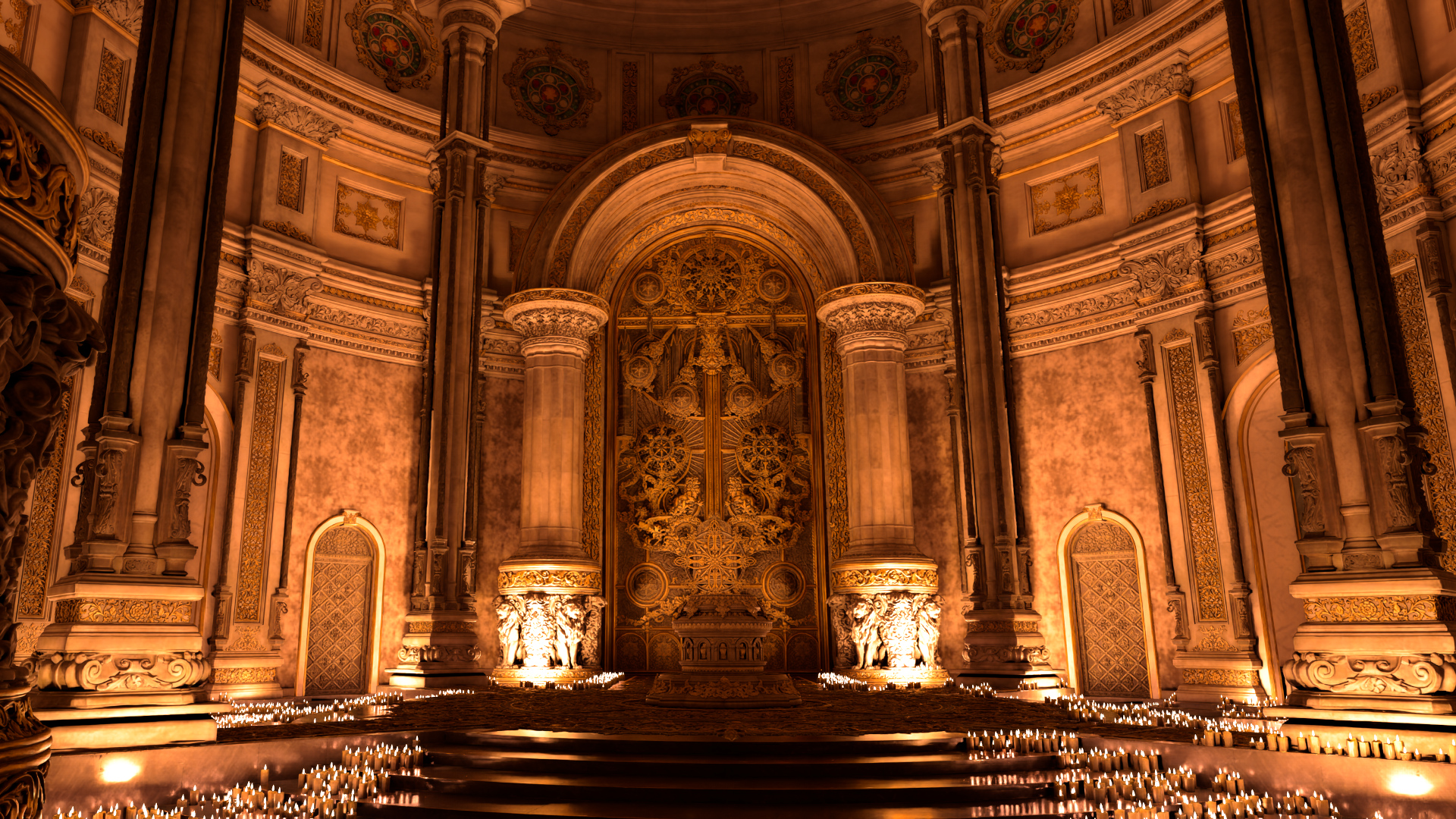 The Zorah scene rendered in Bevy Solari showing ancient ruins with columns and vegetation under a sky, demonstrating real-time path-traced rendering
