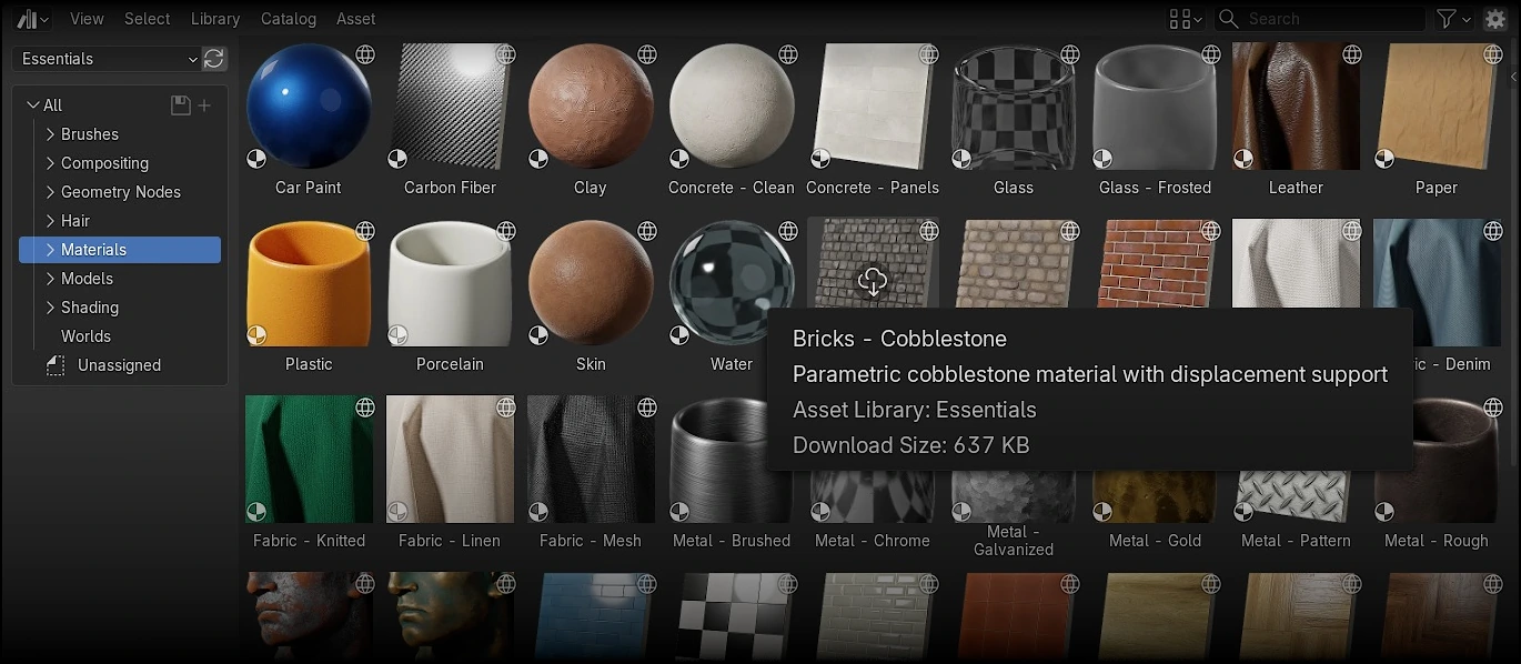 Blender 5.2 LTS Asset Browser showing the Online Essentials library with parametric materials, HDR worlds, and Geometry Nodes setups available for download