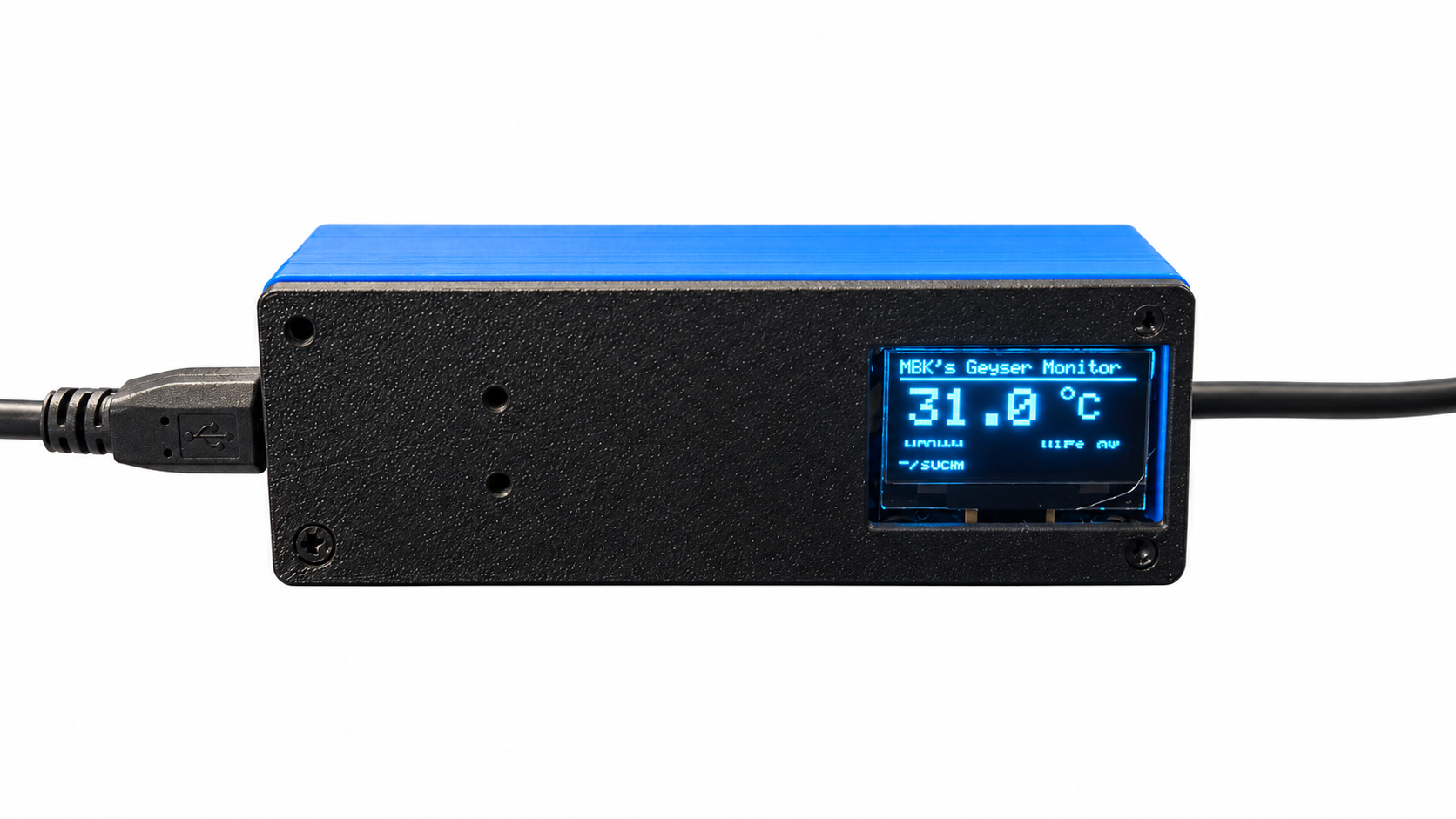 MBK’s Geyser Monitor in its blue and black printed enclosure, with the OLED visible through the front panel.