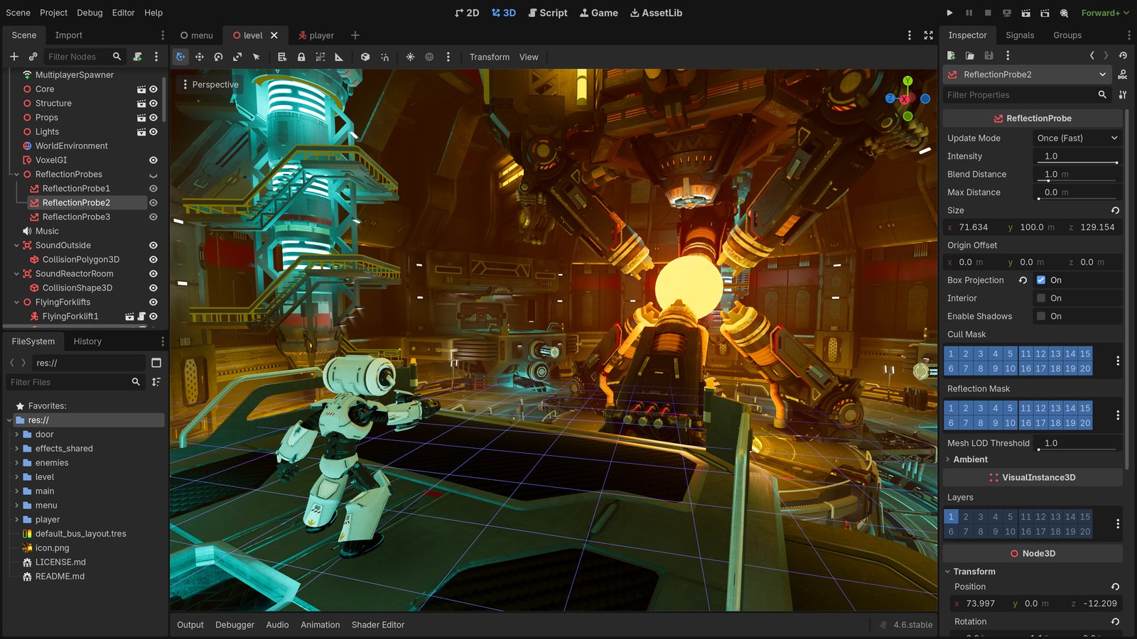 Godot Engine editor showing a 3D scene with the scene tree dock, filesystem dock, and inspector panel