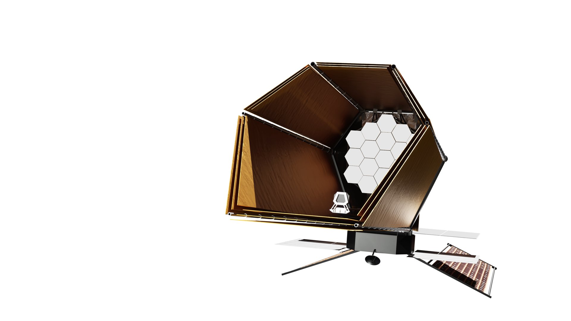Concept illustration of the Habitable Worlds Observatory spacecraft showing a large optical telescope with a sunshield and modular instrument bays
