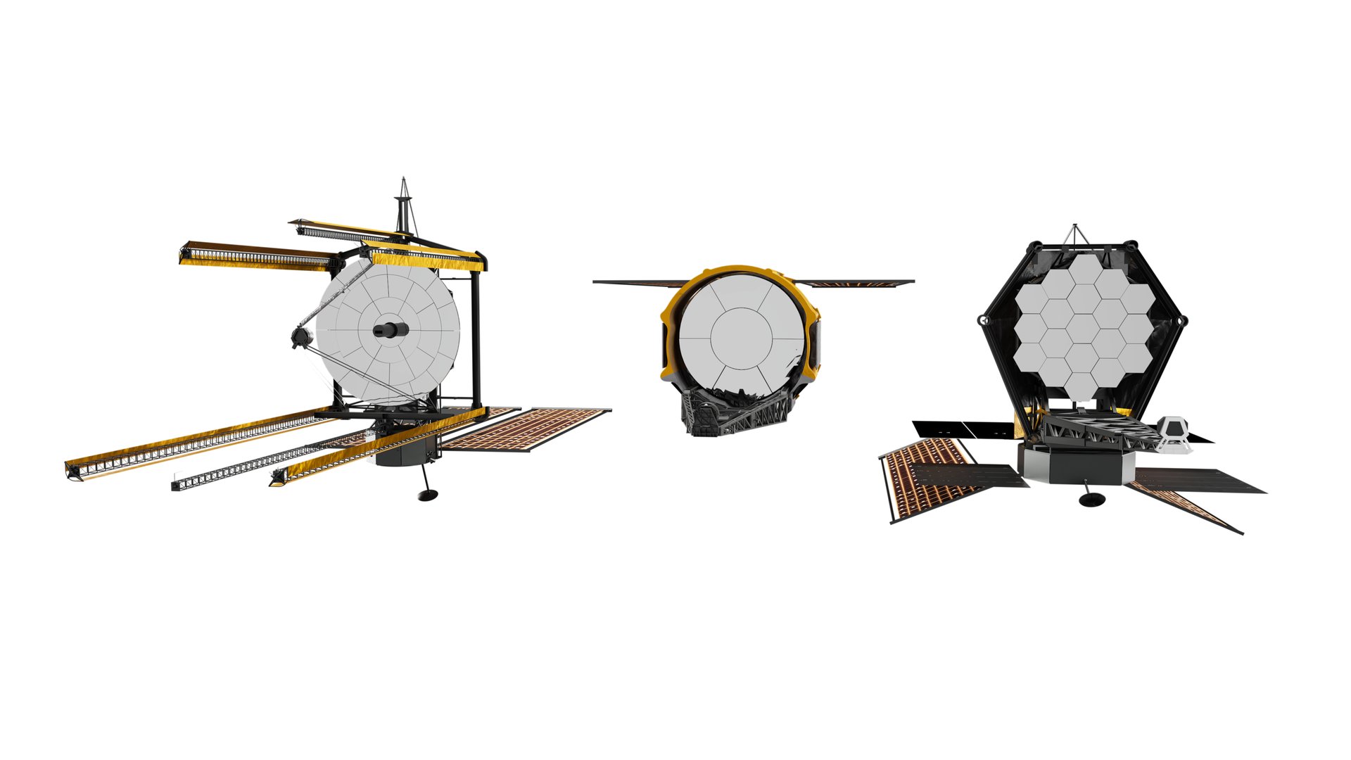Concept illustration showing the HWO telescope's segmented mirror array with hexagonal segments arranged in a circular pattern