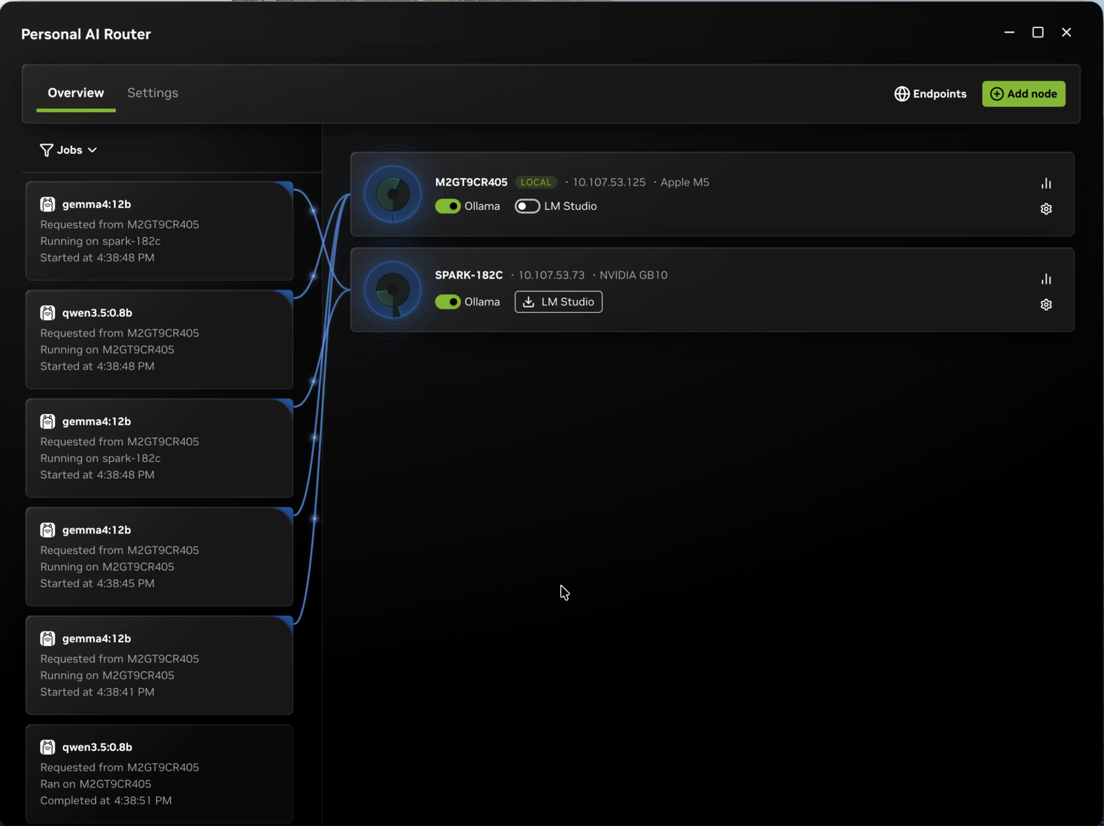 Nvidia PAIR desktop application showing two paired compute nodes with live GPU utilization and distributed inference traffic routing across a local network.