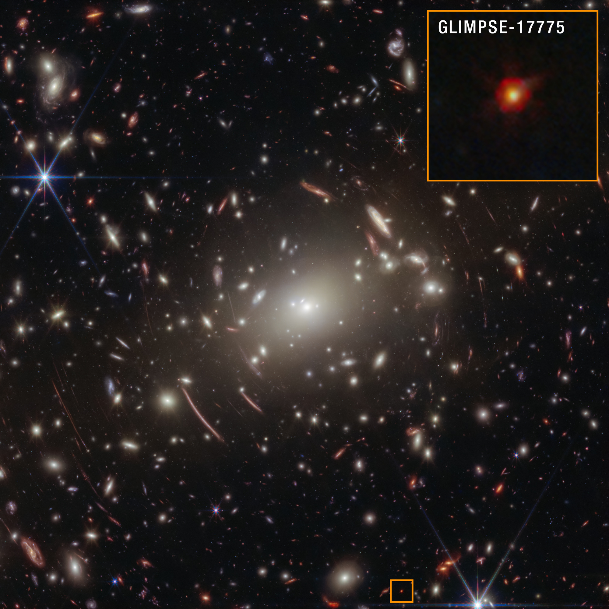 James Webb Space Telescope image of galaxy cluster Abell S1063 with GLIMPSE-17775